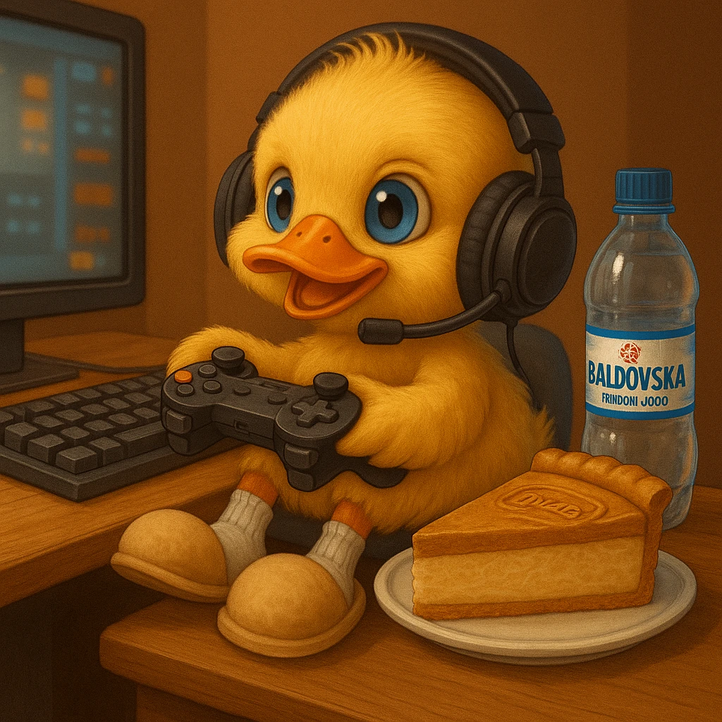 Make the slippers beige, change the cheesecake to lotus flavor, and add a gaming headset to the duck, keeping the style and all other details the same as the original image. emoji
