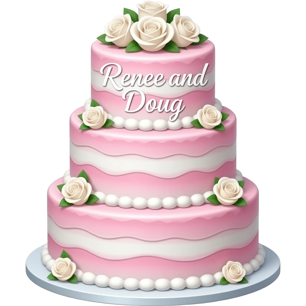 wedding cake pink and white with the name Renee and Doug emoji