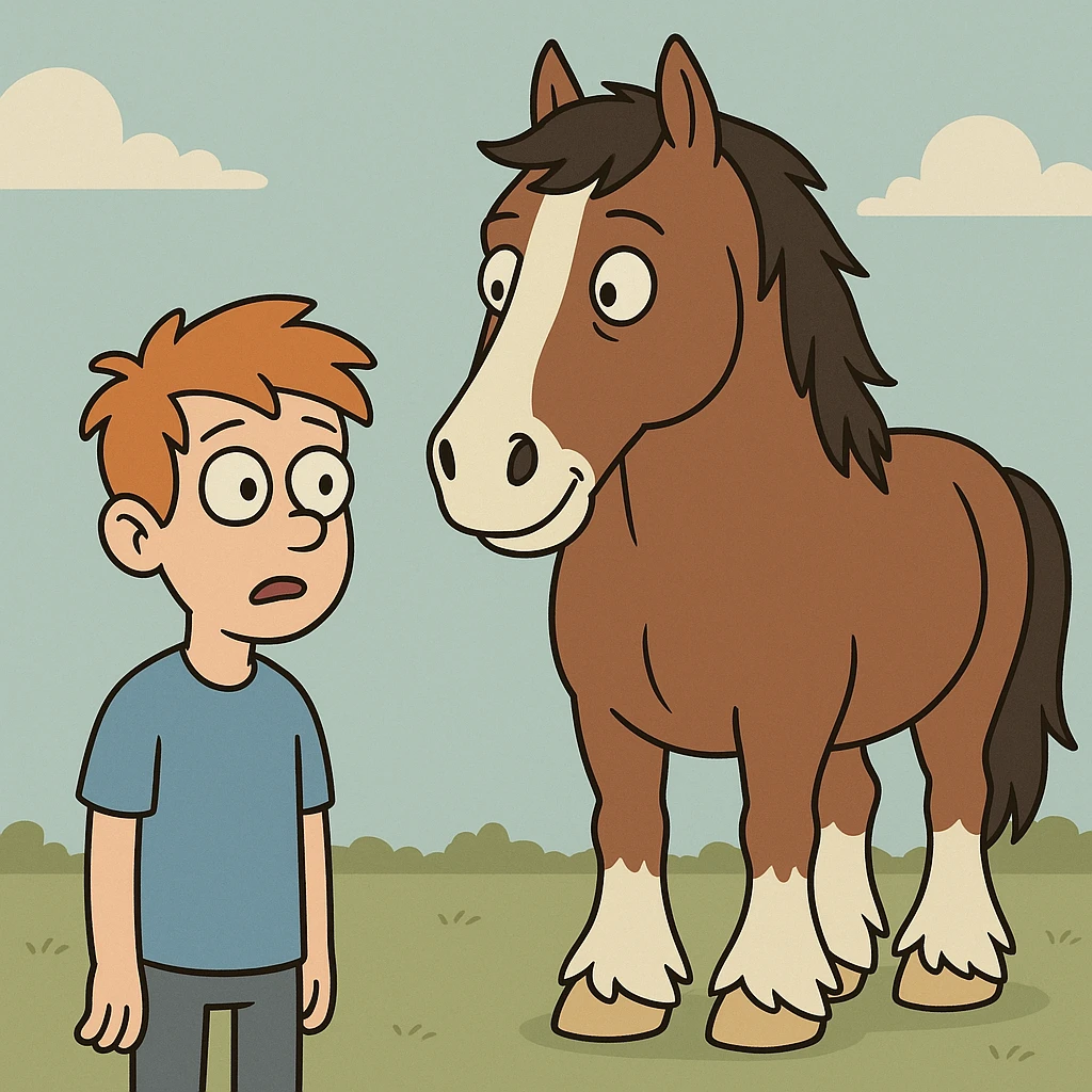 A boy orange hair blue shirt Clydesdale horse emoji