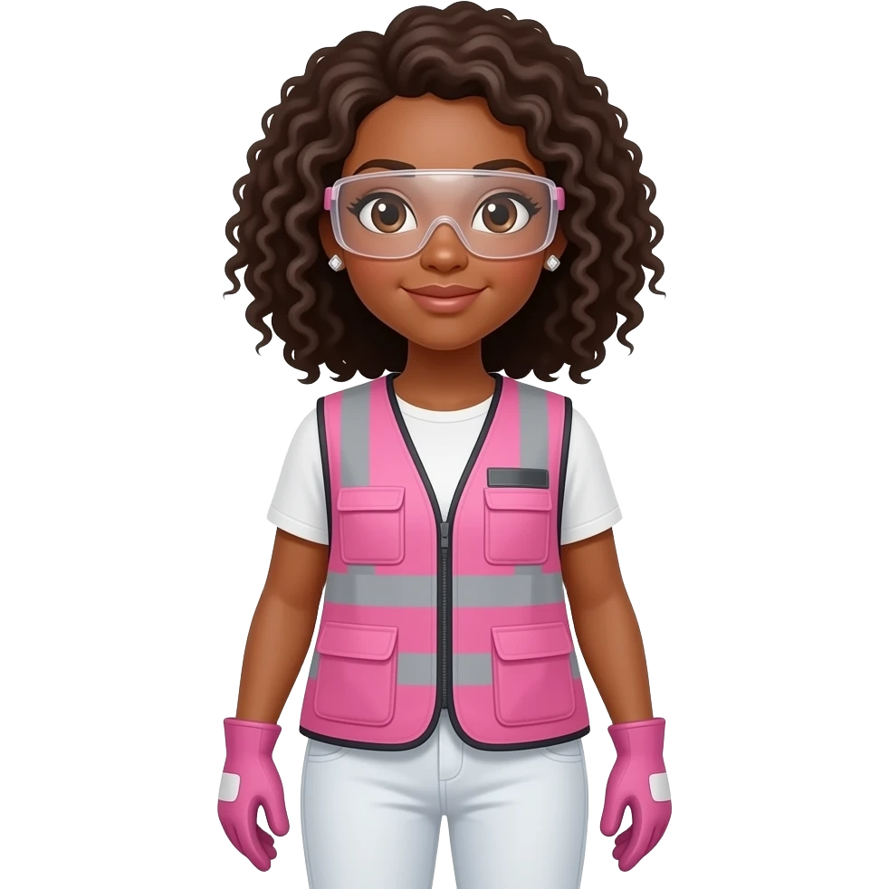 African American light skin woman with brown eyes with a shoulder length curly fro hair wearing diamond earrings wearing pink and clear safety glasses wearing a pink construction vest wearing white pans wearing pink construction vest wearing white pants wearing pink construction gloves emoji