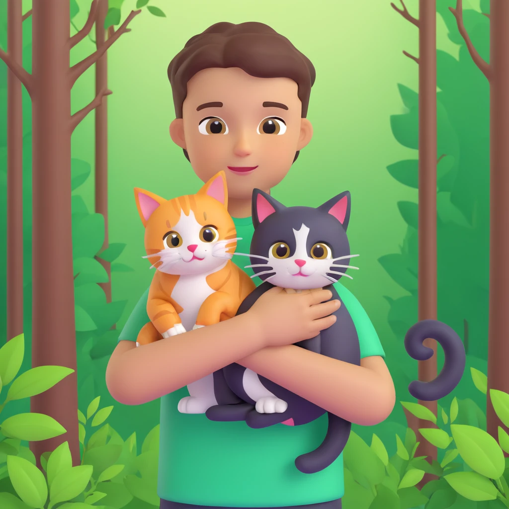 boy and cat pet in forrest background, close up pose emoji
