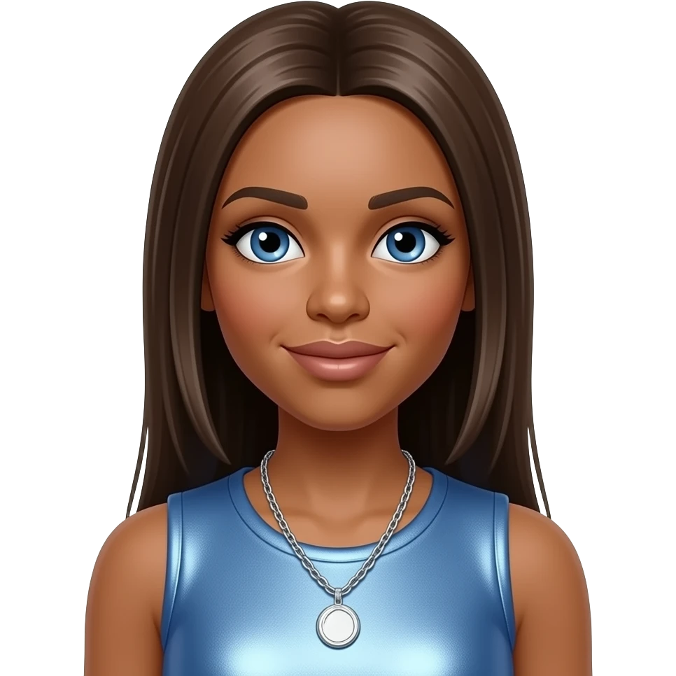 Kobe from Bratz with blue eyes, brown hair, periwinkle metallic sleeveless shirt, silver necklace emoji