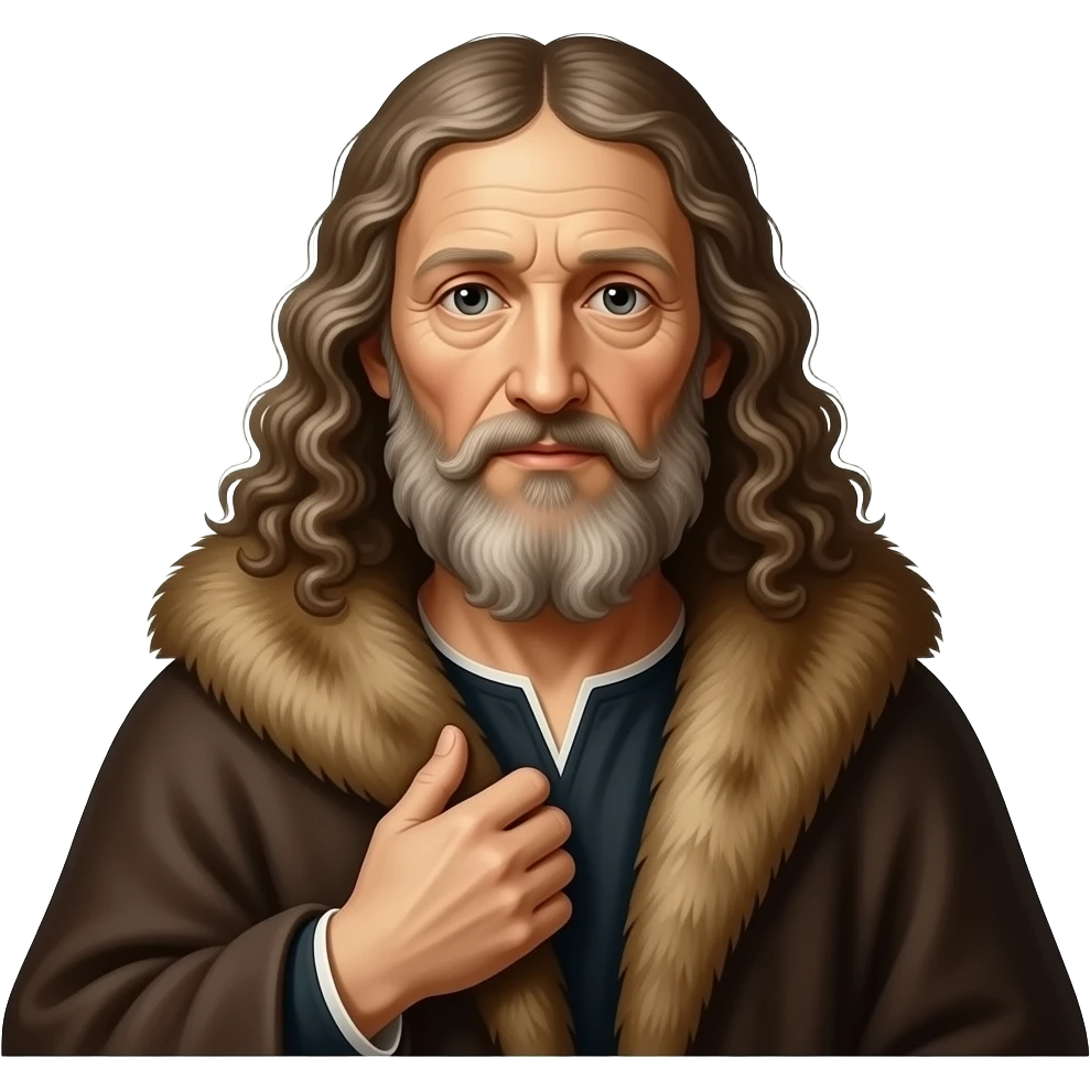 solarpunk - en face dried up and wrinkled old Albrecht Dürer Renaissance self-portrait with long curly hair in a cloak with a fur collar, in Renaissance dress, holding the fur collar with his left hand - an icon of Christ Himself emoji