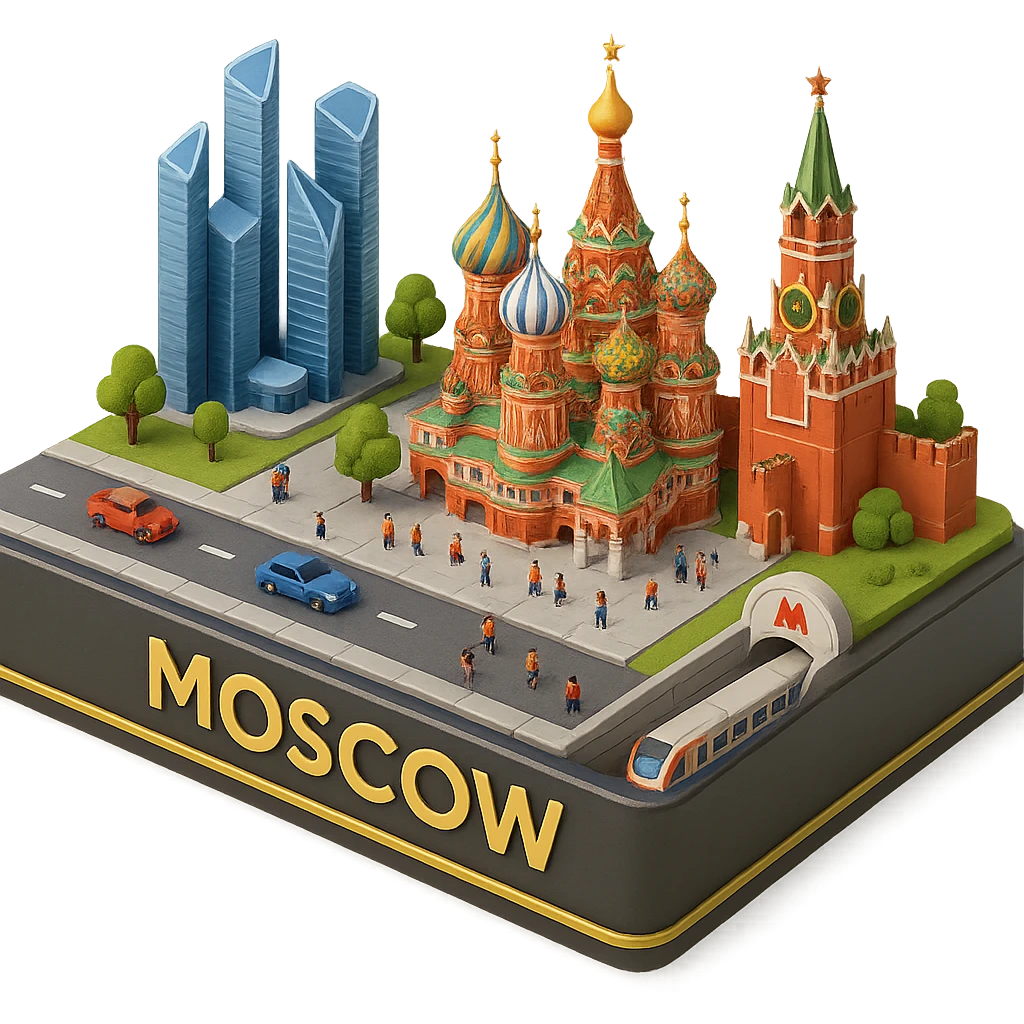 Изометричная миниатюрная 3D модель Москвы на подставке - фотореалистичный Кремль, собор Василия Блаженного, фотореалистичный Башни Москва-Сити, аккуратная детализация, яркие цвета, мультяшный реализм, гуляют люди и современный автотранспорт и метро, компактная композиция, вид сверху в изометрии emoji