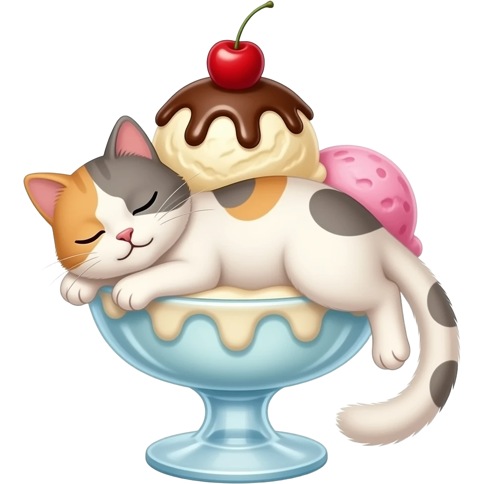 Cat sleeping on giant 3 scoop ice cream sundae emoji