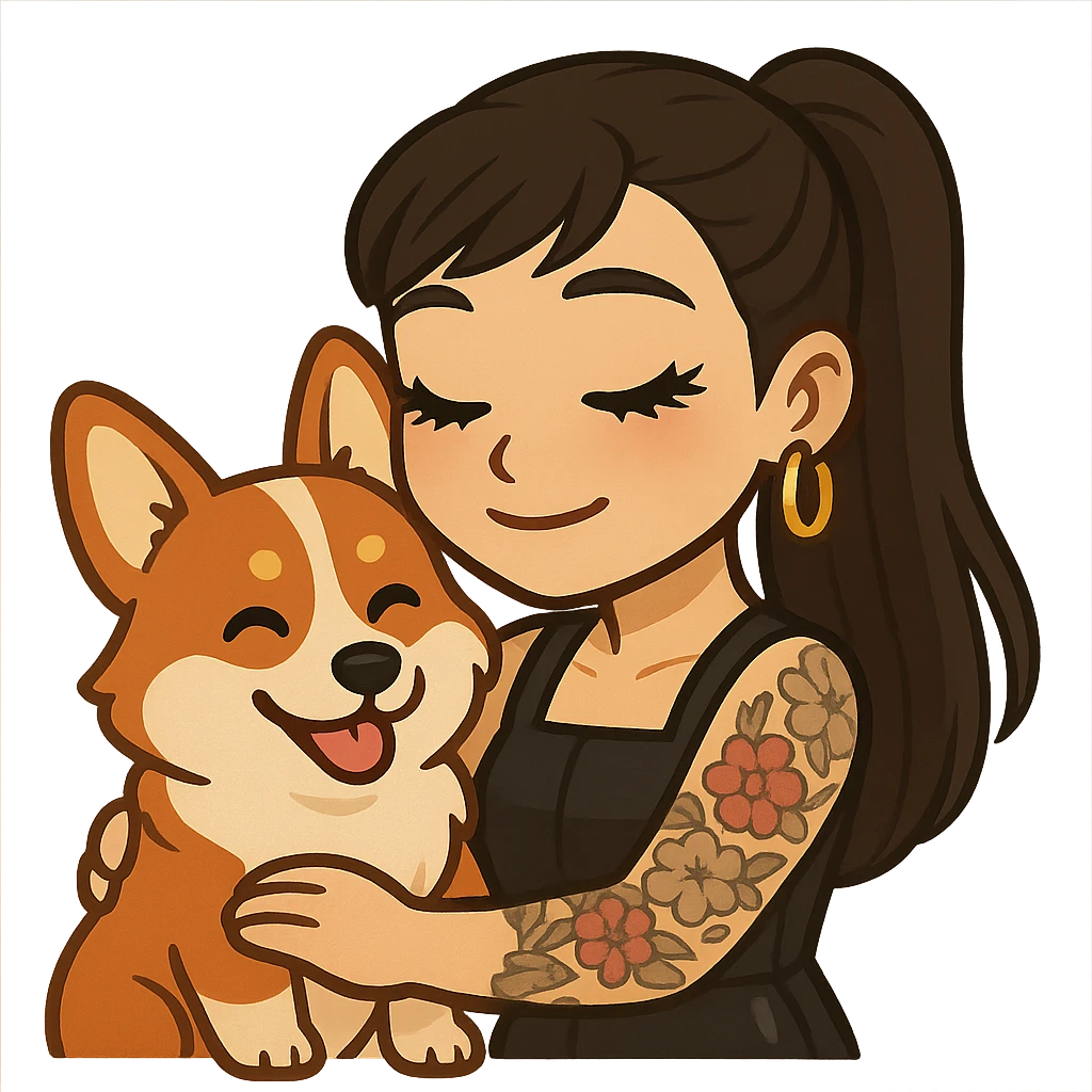 Ghibli-style emoji of an Asian girl with long hair in a ponytail, deep side bangs, black leather dress, gold hoop earrings, dramatic false lashes, and a floral 3/4 sleeve tattoo on her left arm, hugging a smiling red head tri-color corgi, simplified, emoji-like emoji