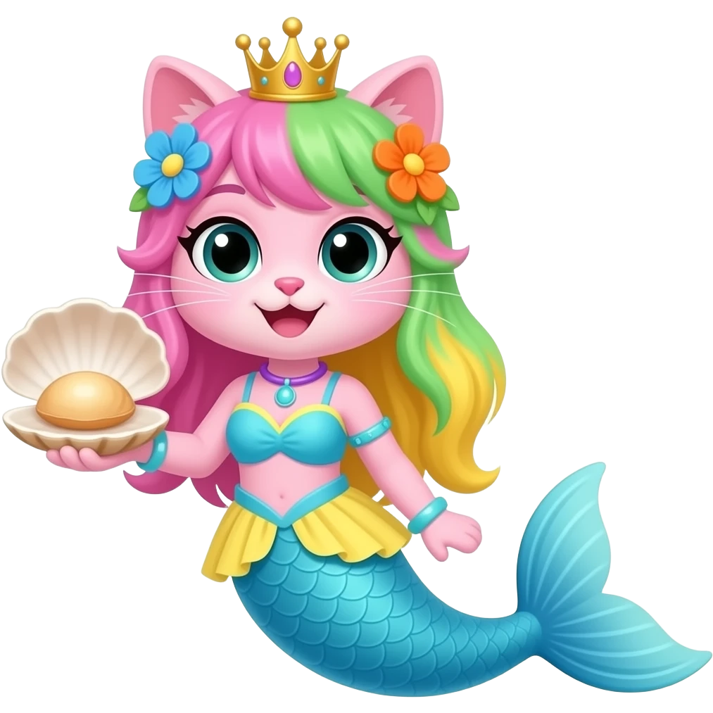 pink anthro cat  with pink and green and yellow hair blue flower orange flower golden crown with light purple necklace light cyan braclets cyan and pink and yellow dress with  attached to cyan  and light blue mermaid tail with dark blue fins holding a clam emoji