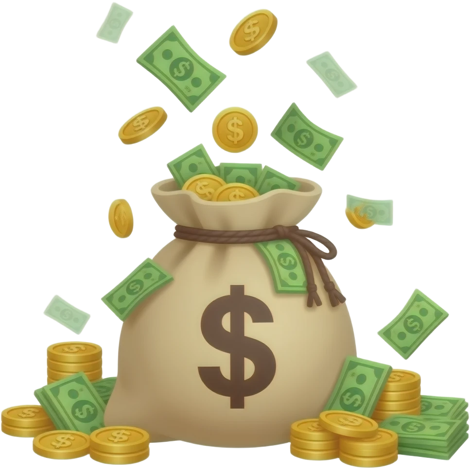 bag pouch of money with coins raining into the bag emoji