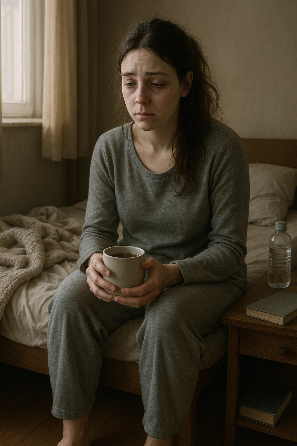 A realistic, cinematic illustration of a woman in her early 30s with a tired, pale appearance, sitting on the edge of her bed in a softly lit bedroom during the morning, looking exhausted and drained. Her posture is slightly slouched, and dark circles are visible under her eyes. She wears comfortable loungewear, holding a warm cup of herbal tea in her hands, seeking comfort. The scene includes a cozy yet slightly messy room with a blanket, a water bottle, and a book on the nightstand, emphasizing chronic fatigue. Soft natural light comes through the window, highlighting her expression of persistent tiredness despite rest, capturing the invisible struggle of chronic fatigue syndrome while maintaining dignity and a gentle aesthetic. emoji