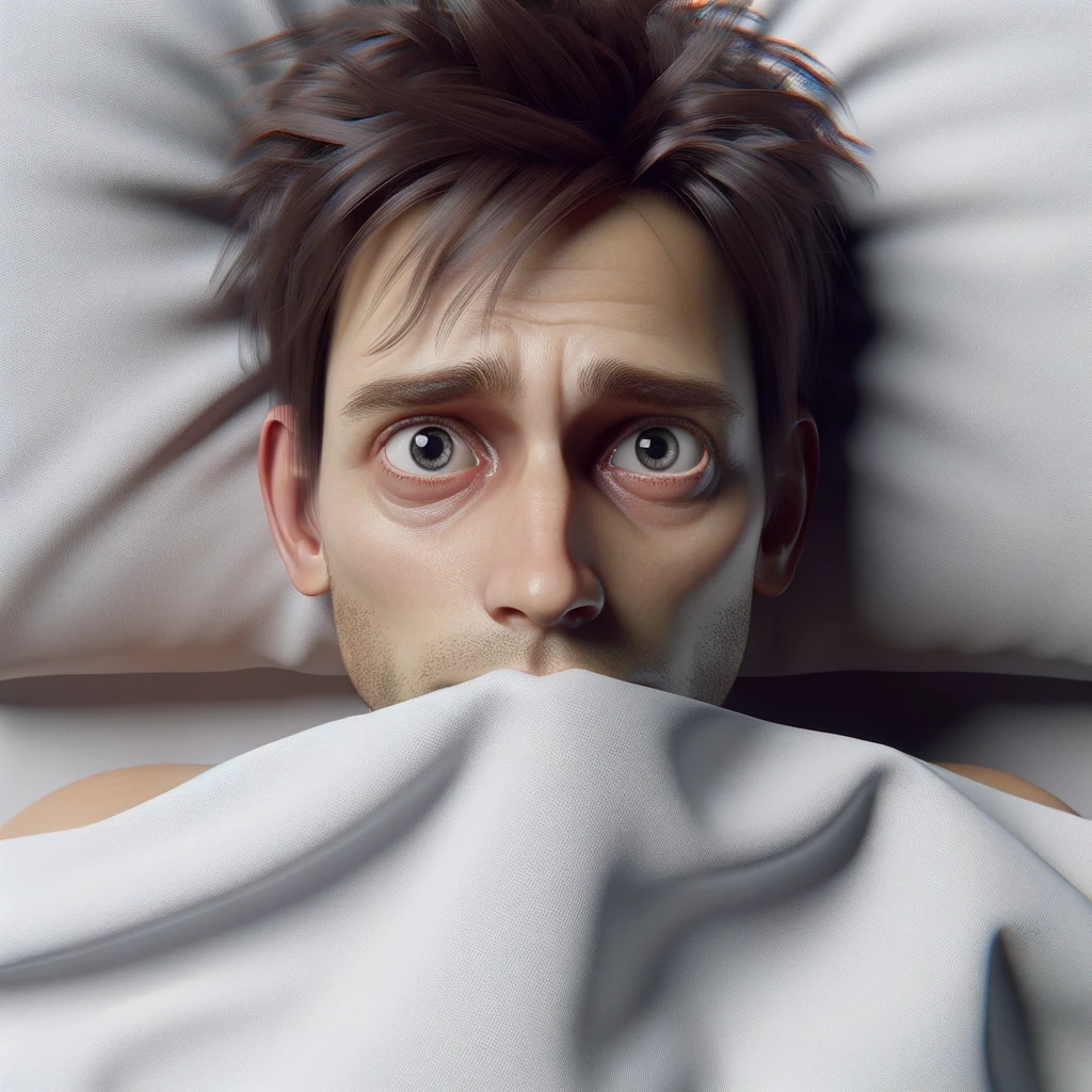 corpo umano anatomico con capelli corti che non riesce a dormire, sta nel letto con  gli occhi sbarrati e l'espressione nervosa, visto dall'alto, iperrealistica 4k, isolato su sfondo bianco emoji