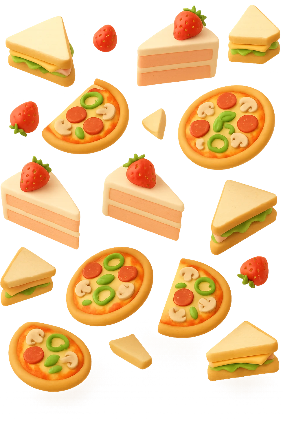 pizzette, fette di torta e panini, fluttuano in aria in 3d, sfondo bianco emoji