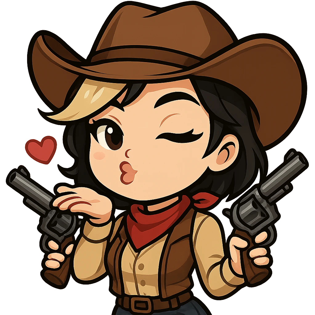 Chibi cowgirl with slightly longer hair and a blonde streak, wearing a cowboy hat and western outfit, holding two revolvers, pose blowing a kiss, playful expression, chibi/anime style, transparent background, sized for Twitch or Discord use. emoji