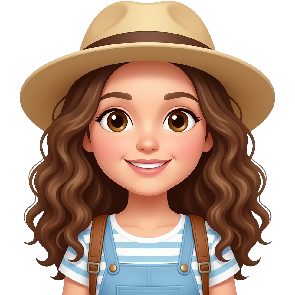 white girl with brown eyes and long curly hair on vacation with a suitcase emoji