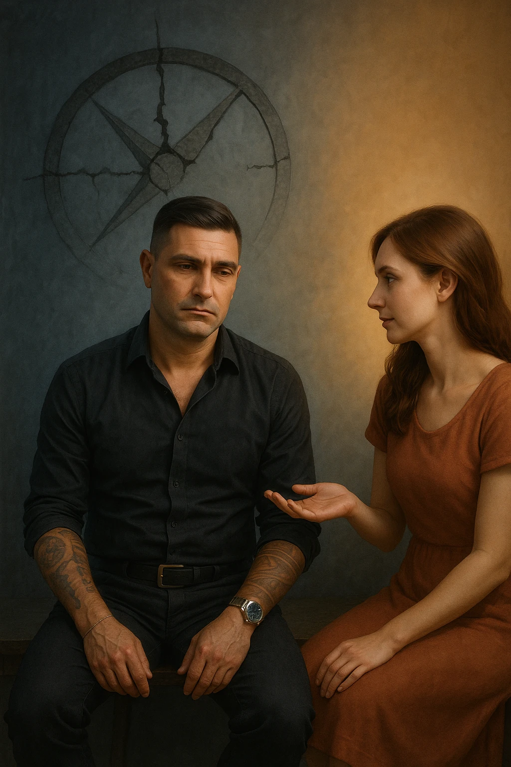 Uomo tra i 35 e i 45 anni seduto su una panchina o in una stanza tranquilla, sguardo rilassato ma spento, come sollevato nel mentale ma svuotato nello spirito. Davanti a lui una donna lo guarda con dolcezza, mano tesa come per offrire una soluzione. L’ambiente attorno all’uomo è grigio-bluastro, con la sua aura maschile che si dissolve leggermente, mentre intorno alla donna una luce calda e stabile. Sullo sfondo, un simbolo spezzato di bussola o direzione, a indicare la perdita di leadership interiore. Atmosfera riflessiva, stile realistico con simbolismi delicati emoji