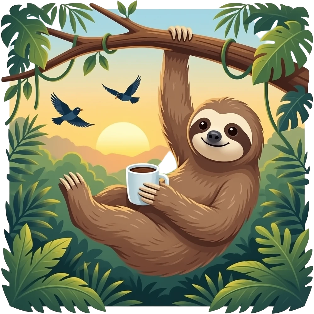 sloth tree morning coffee hanging sunrise jungle birds emoji