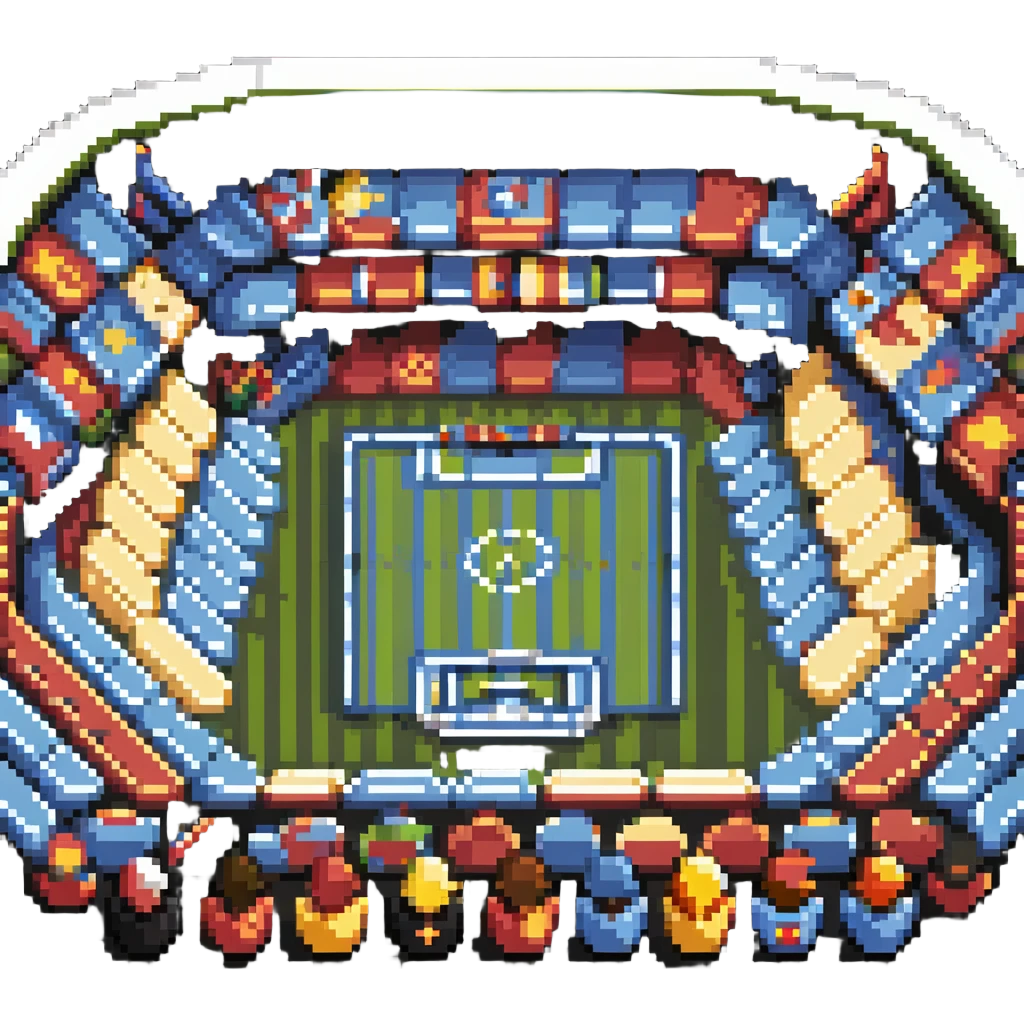 Pixel art stadium filled with cheering crowd, sports boom emoji