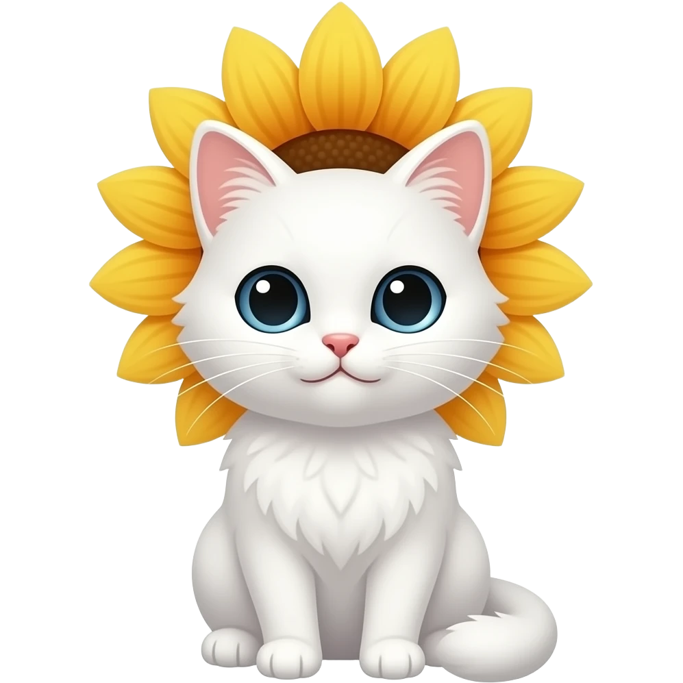 cute white cat sitting with a sunflower crown on head emoji