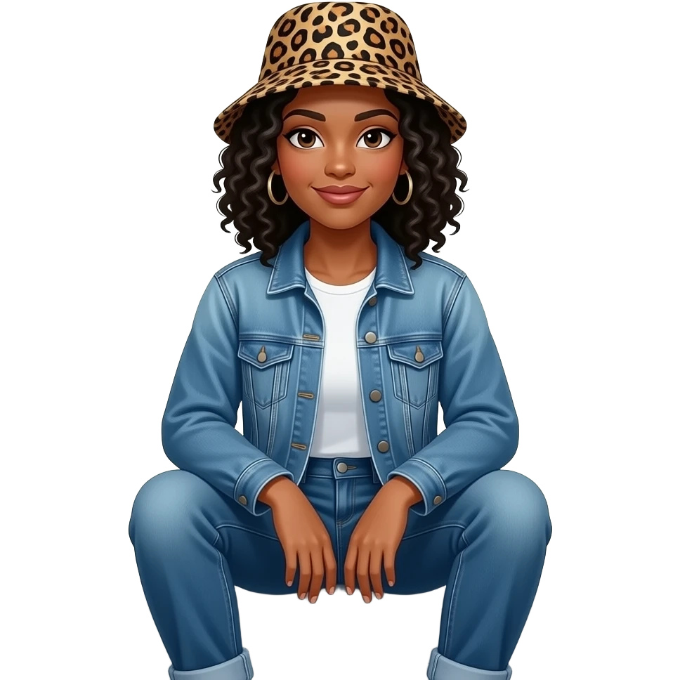 African American woman with shoulder length black curly hair wearing a leopard print bucket hat wearing denim jeans and a denim jacket sitting on porch steps emoji