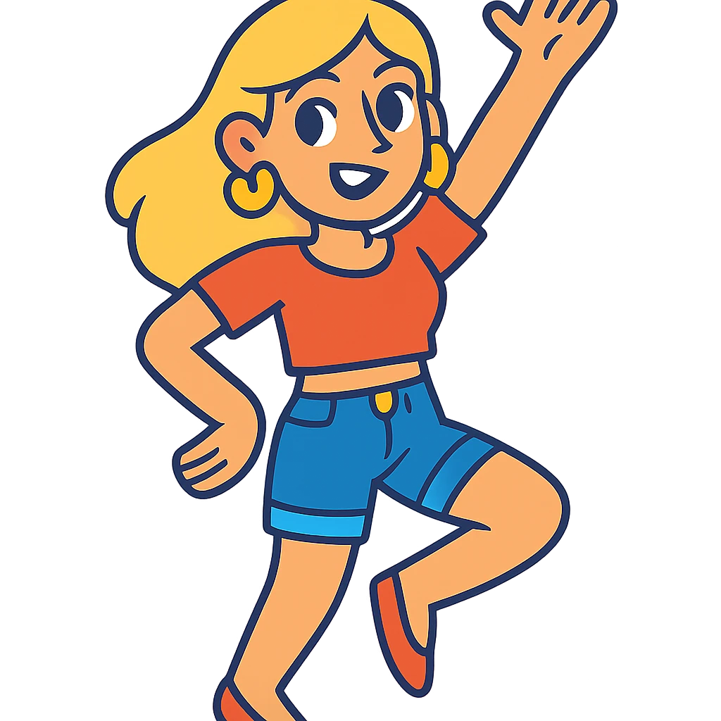 blonde woman with gold earrings, wearing a crop top shirt and jean shorts, in a fun and stylish pose, vibrant toon style, colorful, cheerful emoji