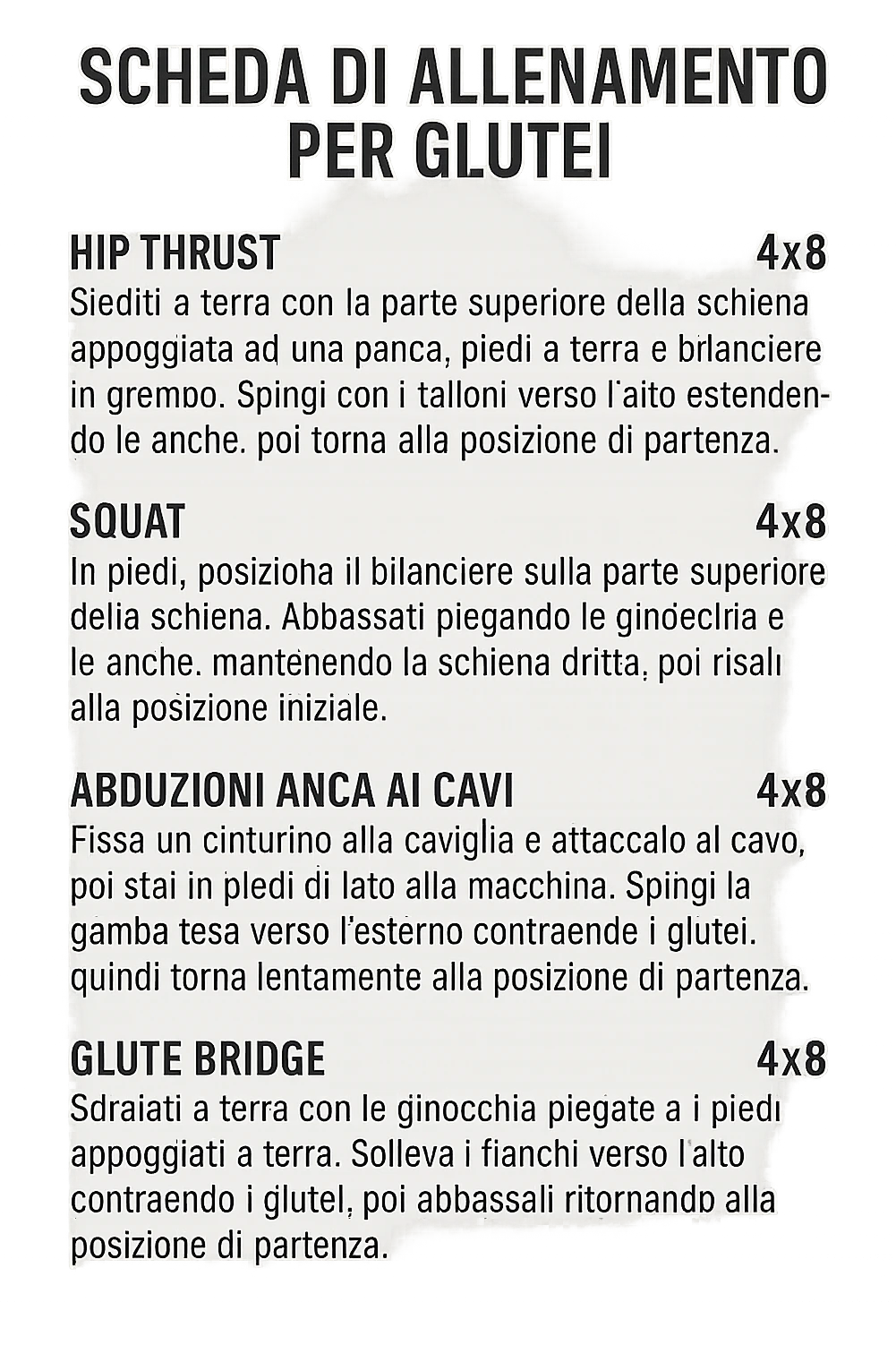 scheda di allenamento glutei in italiano con le reps scritte (tipo 4x8 ecc), iperrealistico 4k emoji