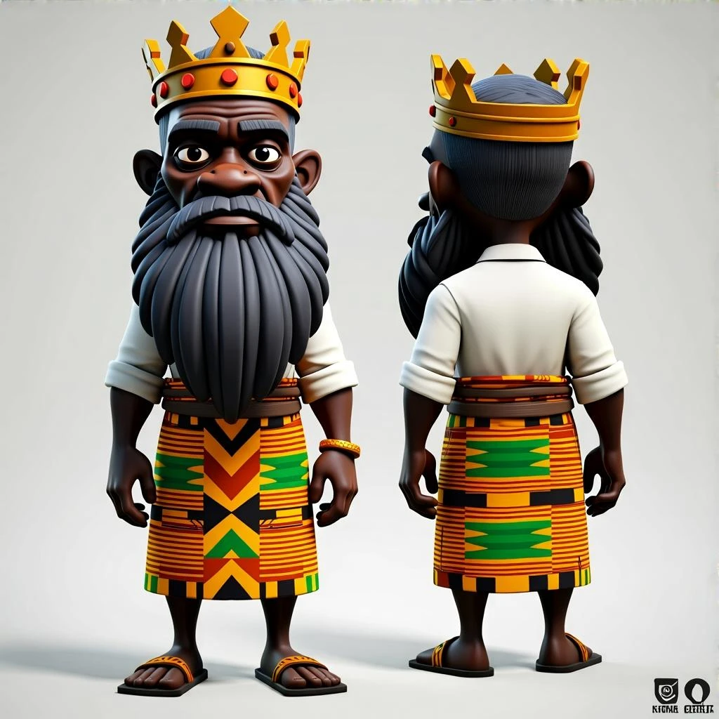 Create me a Stylized 3D Character Art of an old African king with a large beard wearing kente cloth and white shirt for a Strategy Game. Make it have a balance of realism and caricature.  emoji