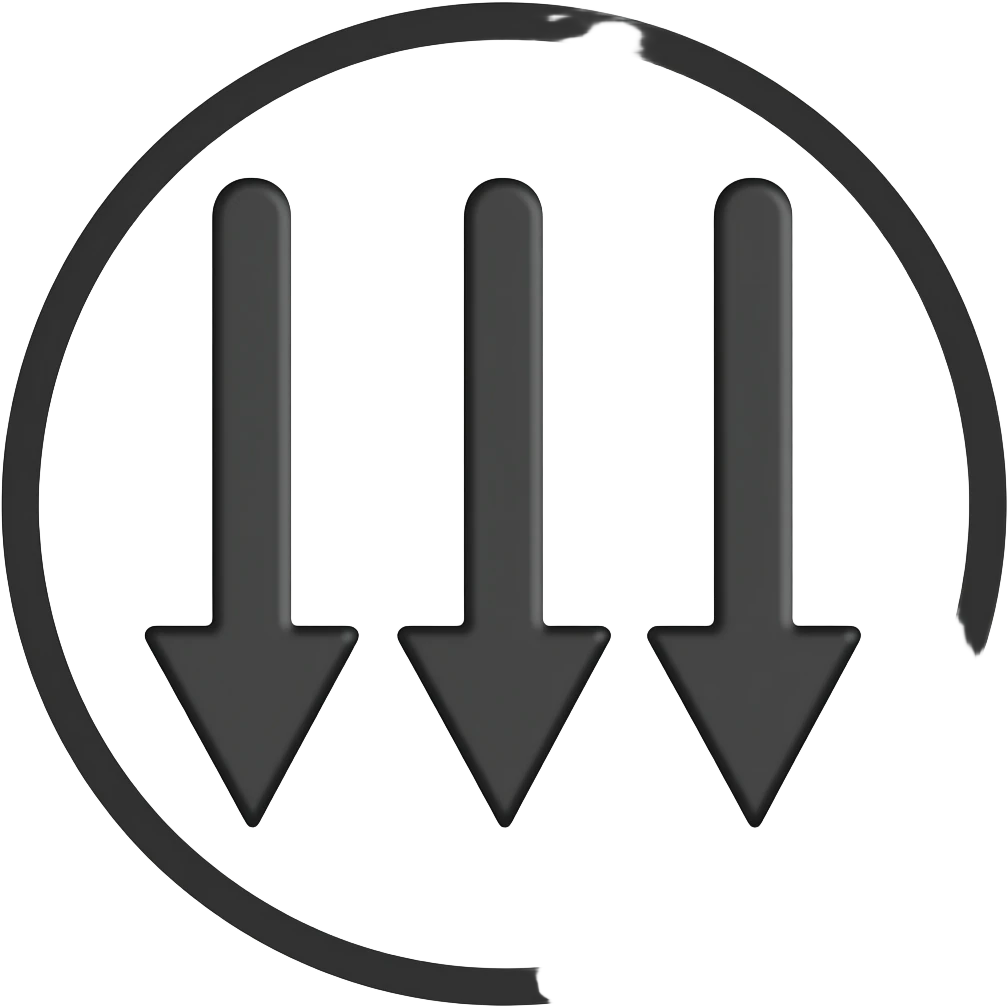 Minimalist political symbol: three thick black arrows pointing diagonally downward from left to right (~45°), parallel and evenly spaced. Set inside a solid black circle on a plain white background. Flat, high-contrast, clean vector style with a strong, striking look. emoji