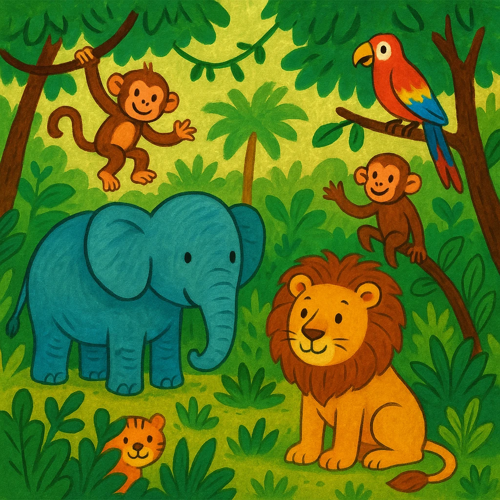 digital illustration of jungle safari in the style of children's story book emoji