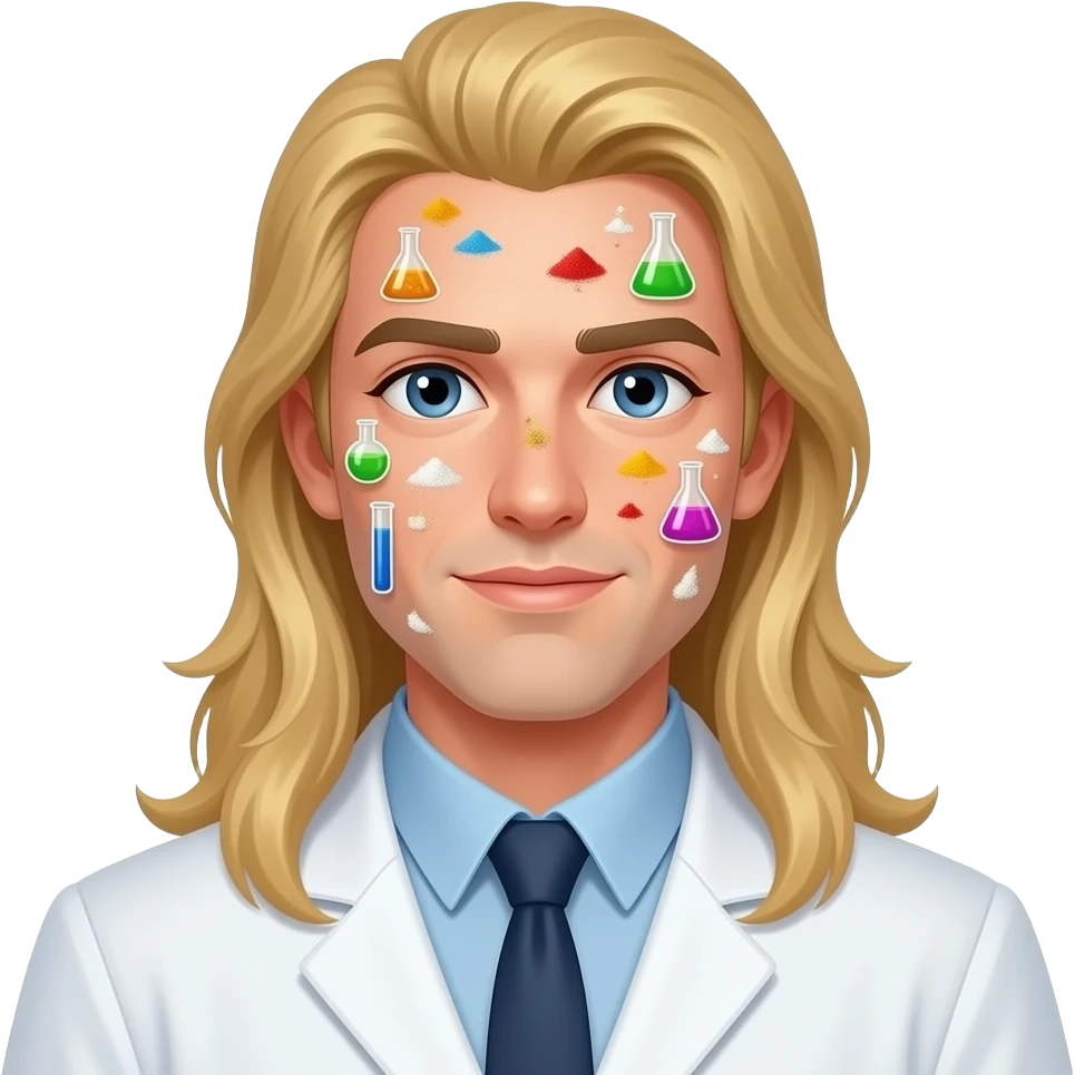 clean shaven blonde male scientist with hair to his waist and substances on his face emoji