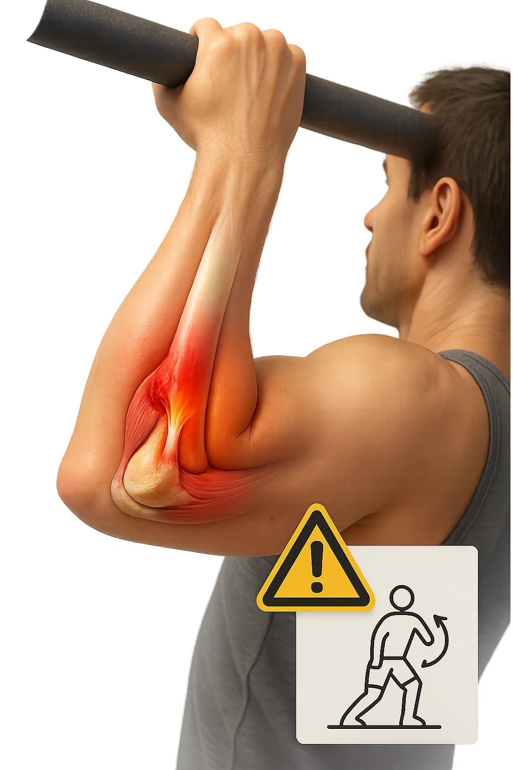 3D, vertical anatomical visualization: close-up of a man’s elbow during a pull-up, with the internal anatomy visible. A clear rupture or lesion is shown in the tendon or ligament, colored in red and orange. Swelling and inflammation are depicted around the joint. A warning icon and a small infographic explain the mechanism of injury. emoji