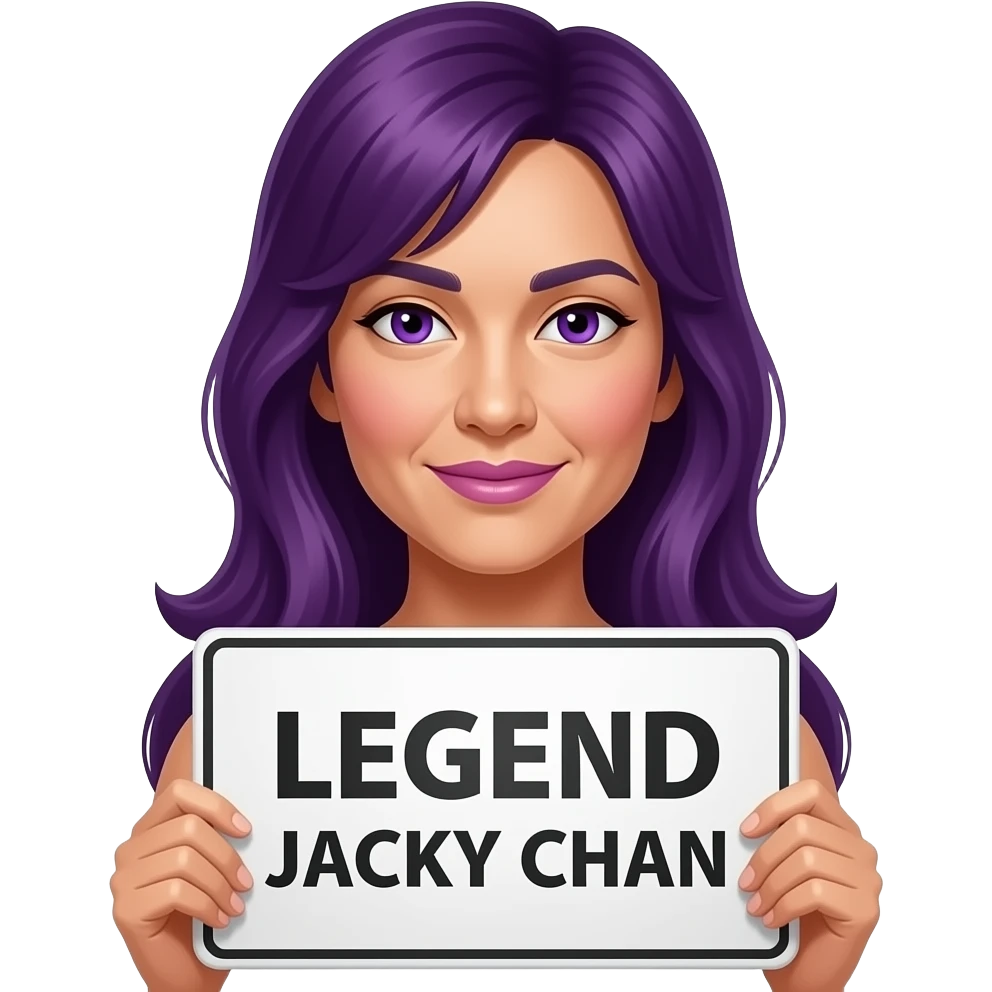 sexy girl with long purple hair and purple eyes holding LEGEND JACKY CHAN sign emoji
