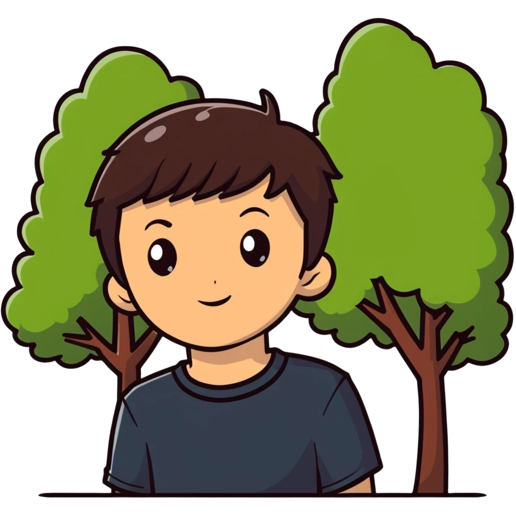 boy with straight short brunette hair brown eyes and tree behind emoji