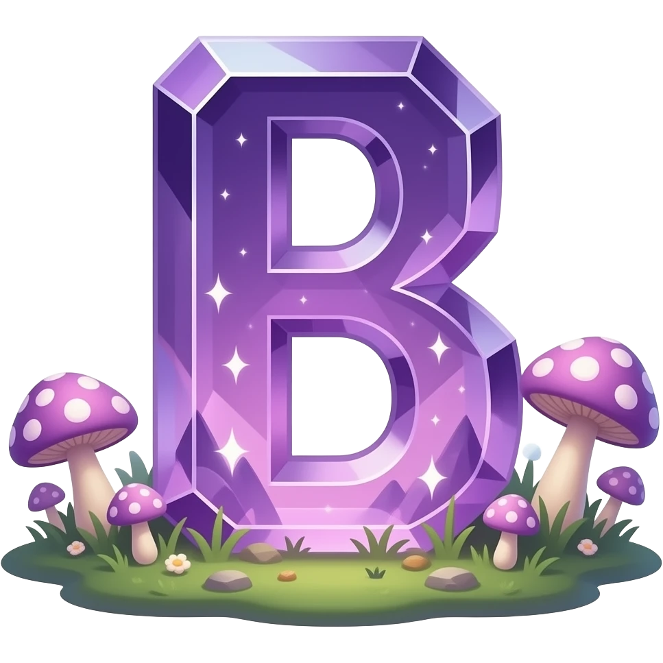 A letter 'B' carved out of a singular, transparent Amethyst crystal, internal glowing magical light, surrounded by soft glowing mushrooms, magical realism style, detailed, 3D, shimmering particles, fantasy illustration emoji