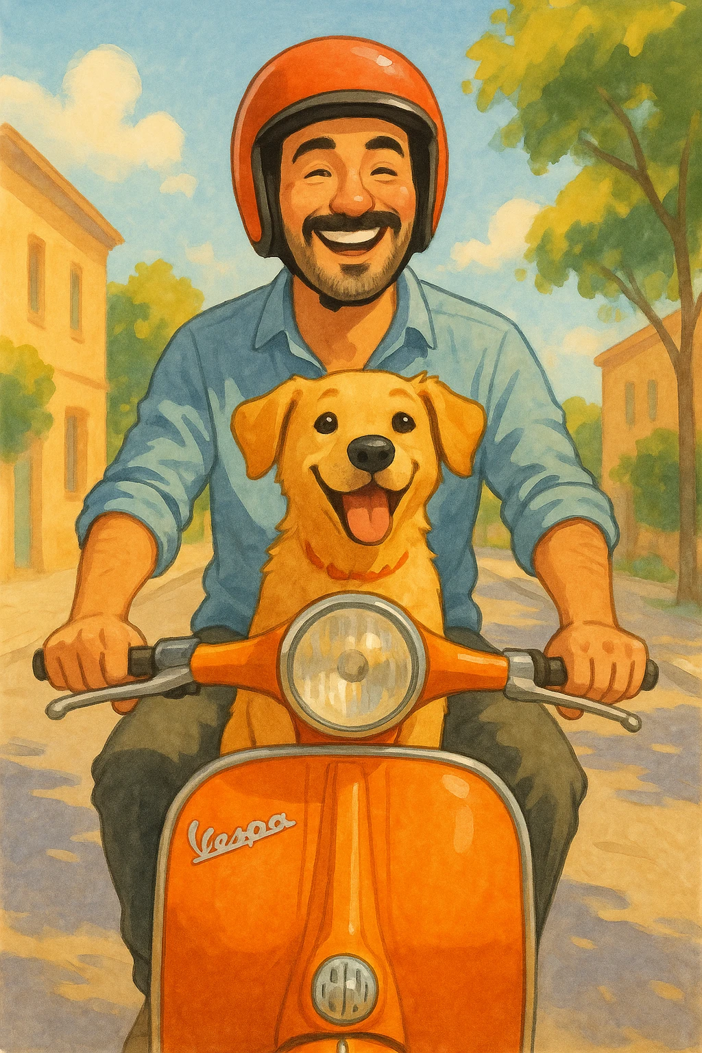 man and his pet dog riding a vespa emoji