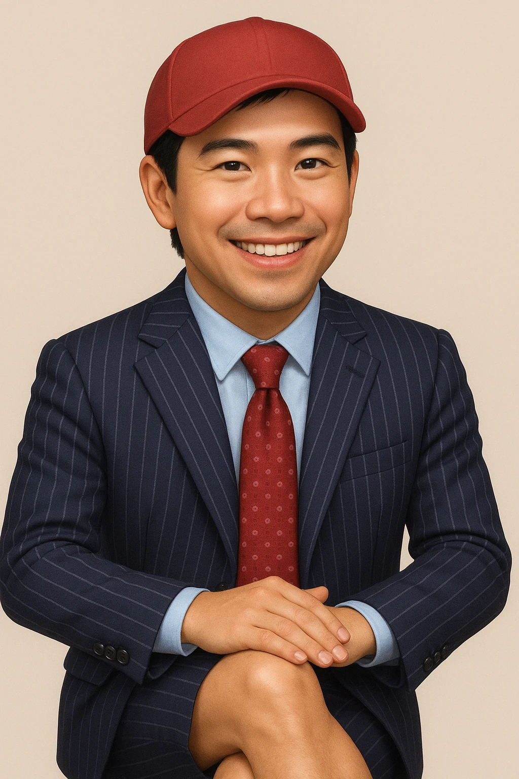 Create an 80% realistic emoji of a smiling man in a pinstripe suit and red cap, sitting with legs crossed. The style should be semi-realistic, blending emoji and photorealism, inspired by the reference photo. emoji