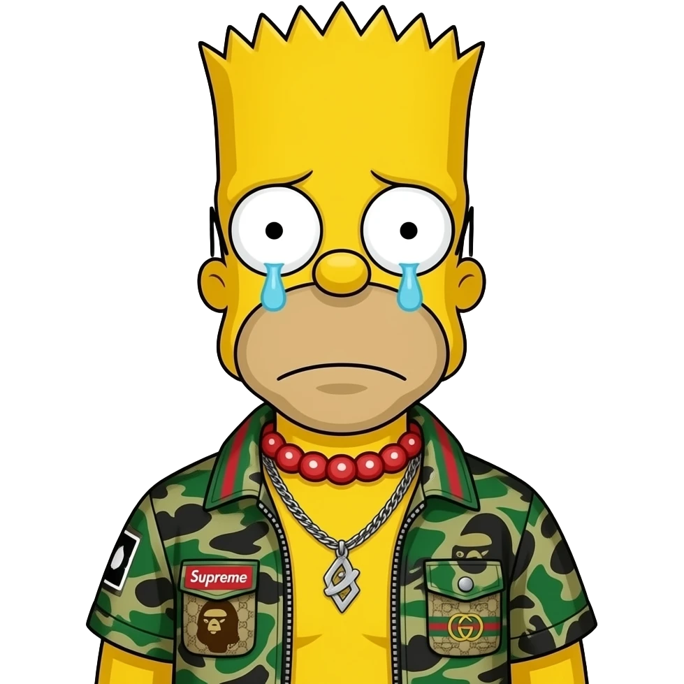 very sad bart simpson with hypebeast clothe like supreme bape gucci off white emoji