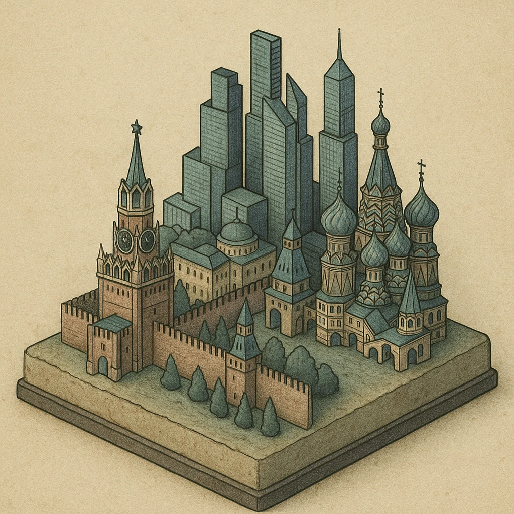 Изометричная миниатюрная 3D модель Москвы на подставке - фотореалистичный Кремль, собор Василия Блаженного, Сити, аккуратная детализация, яркие цвета мультяшный реализм, компактная композиция,  вид сверху в изометрии emoji