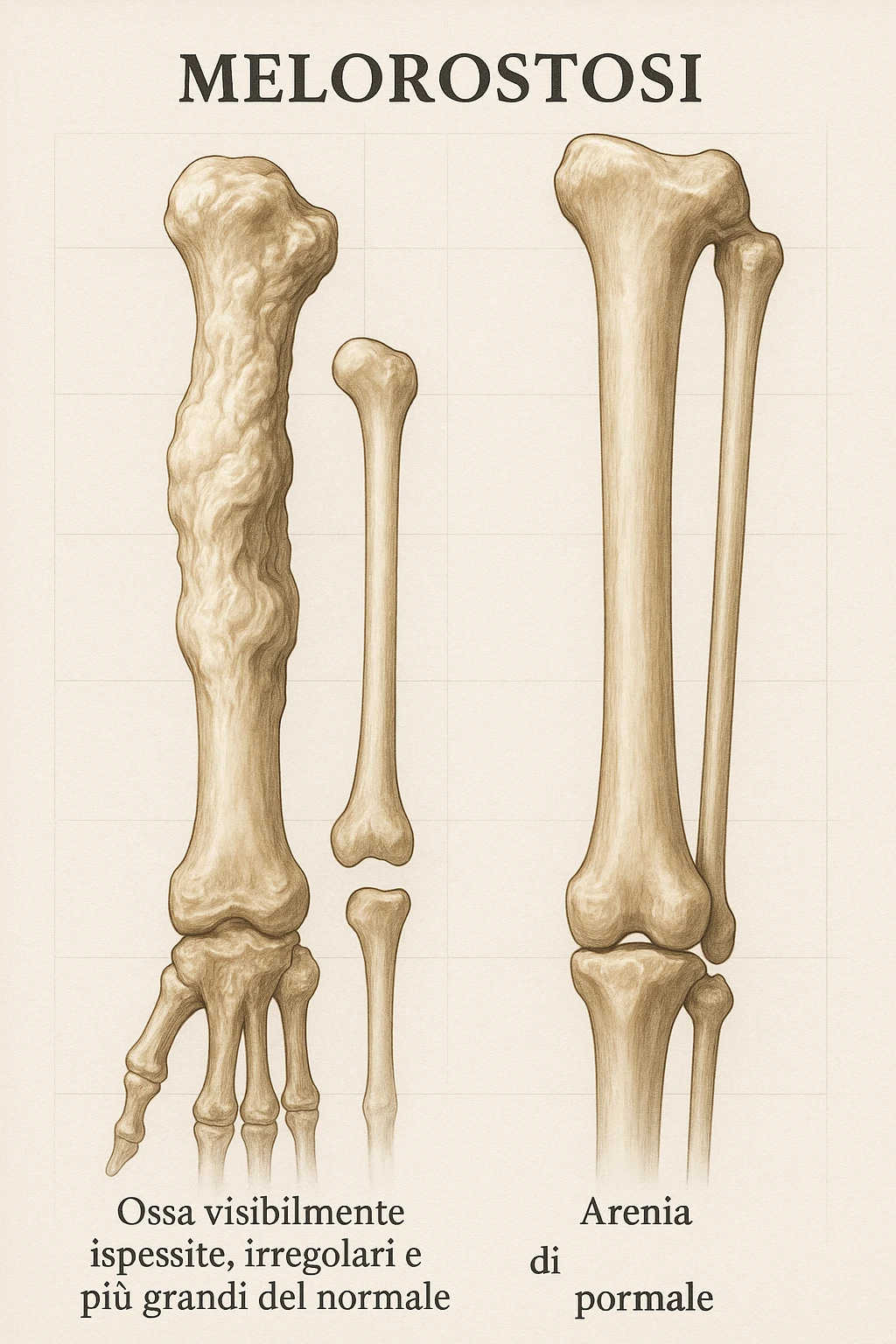A highly realistic medical illustration focusing on a human arm and leg bones affected by melorheostosis. The bones appear visibly thickened, irregular, and larger than normal, with clear, layered bone growth resembling melted wax dripping down the side of the bones. The image shows a side-by-side comparison with a healthy bone for clarity, highlighting the difference in size and texture. The color palette includes neutral bone colors with subtle shading to show the abnormal contours and ridges. The background is clean and minimalistic, with faint anatomical grid lines for a scientific, educational feel. The overall mood is informative and precise, conveying the key visual characteristic of melorheostosis: progressive bone thickening that makes bones visibly larger and irregular. in italiano emoji