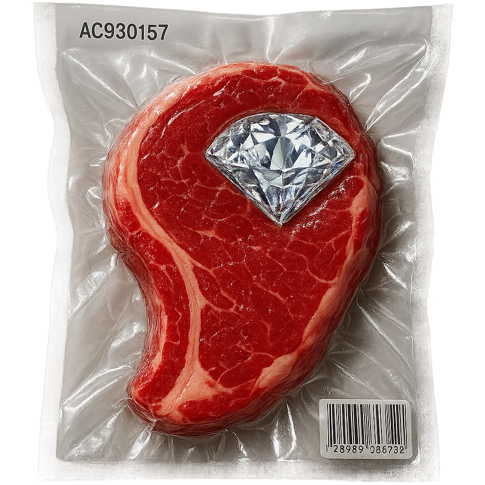 meat steak with sparkling diamond facets, glossy and puffy, vacuum-sealed style emoji
