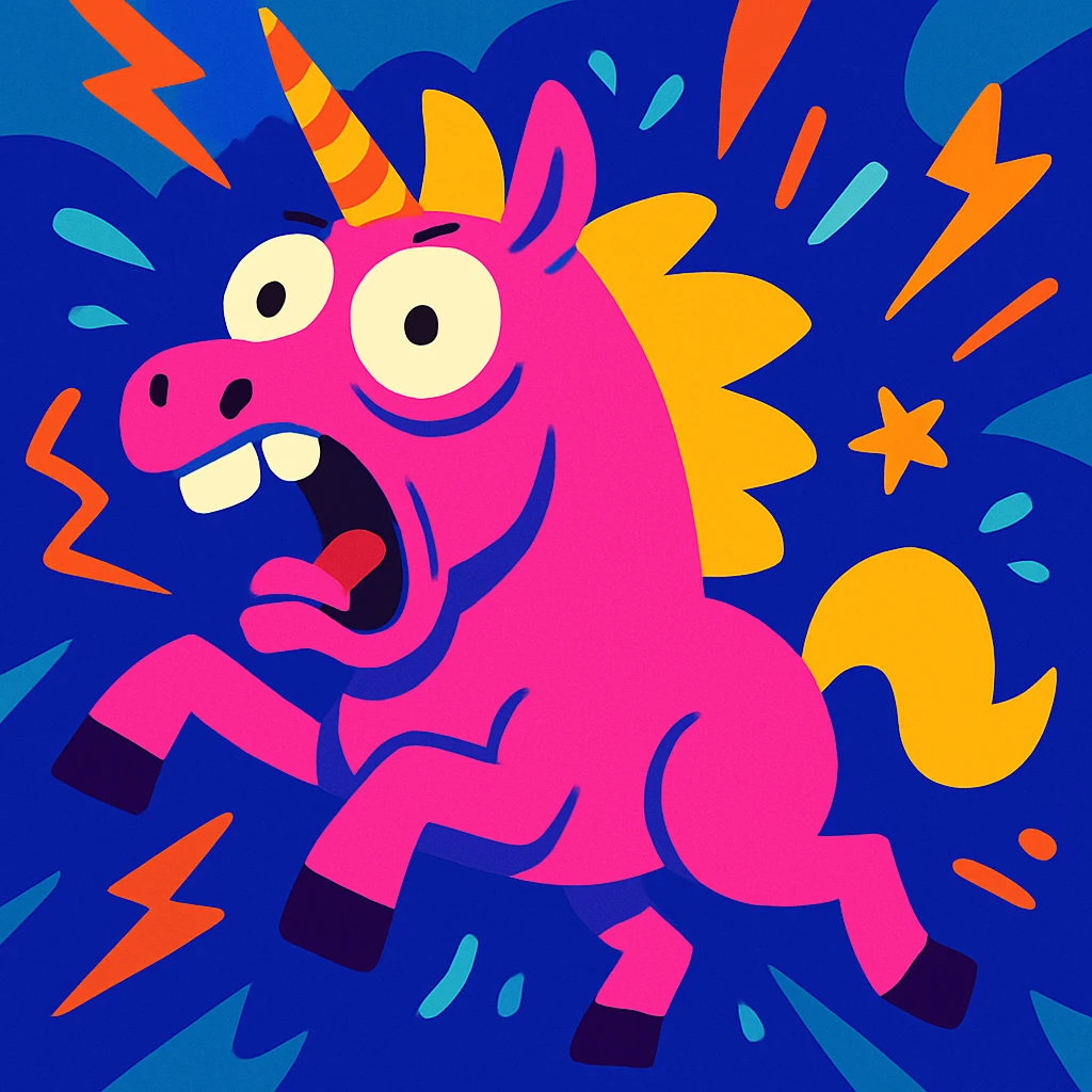 neon pink unicorn in chaos, exaggerated expression, vibrant colors, cartoon style, energetic, playful emoji