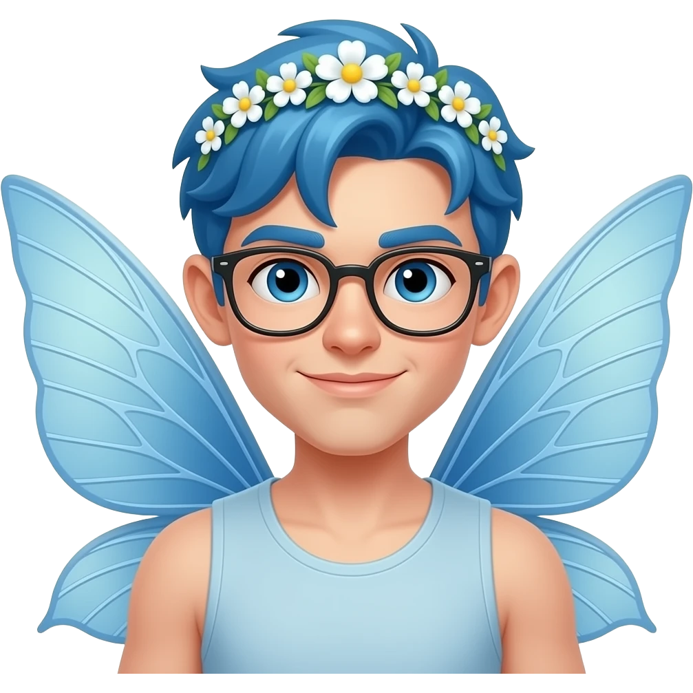 male fairy with blue hair, flower tiara and big wings and glassess emoji