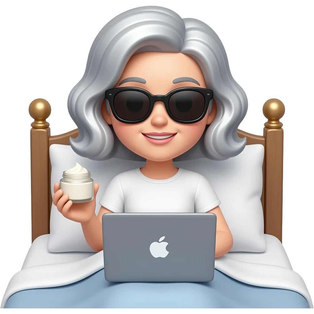3D Memoji, 60s woman, silver wavy bob, white t-shirt, black sunglasses, lying in bed, holding cream jar, laptop on lap, white background emoji