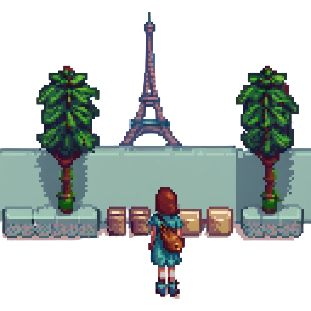 A girl standing near the Eiffel Tower emoji
