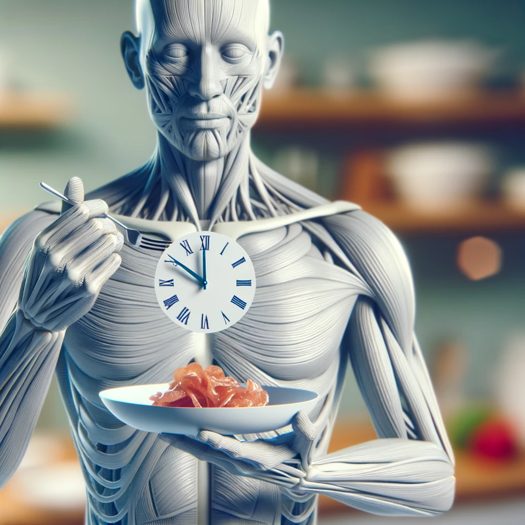corpo umano anatomico, che tiene in mano un piatto bianco con la lancette di un orologio sopra, figura visibile fino ai fianchi, espressione del volto soddisfatta, sullo sfondo la sua cucina sfocata, iperrealistico 4k emoji