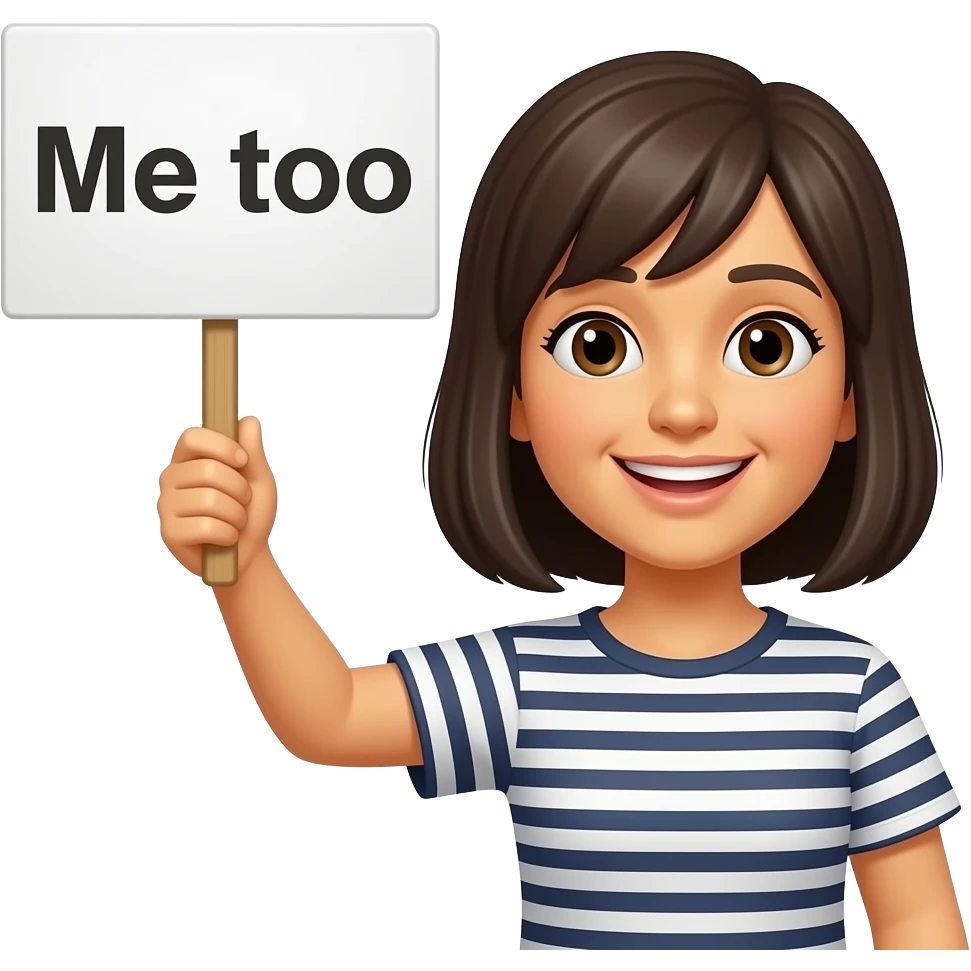 Yellow smiley face holding up a sign that says "Me too" emoji