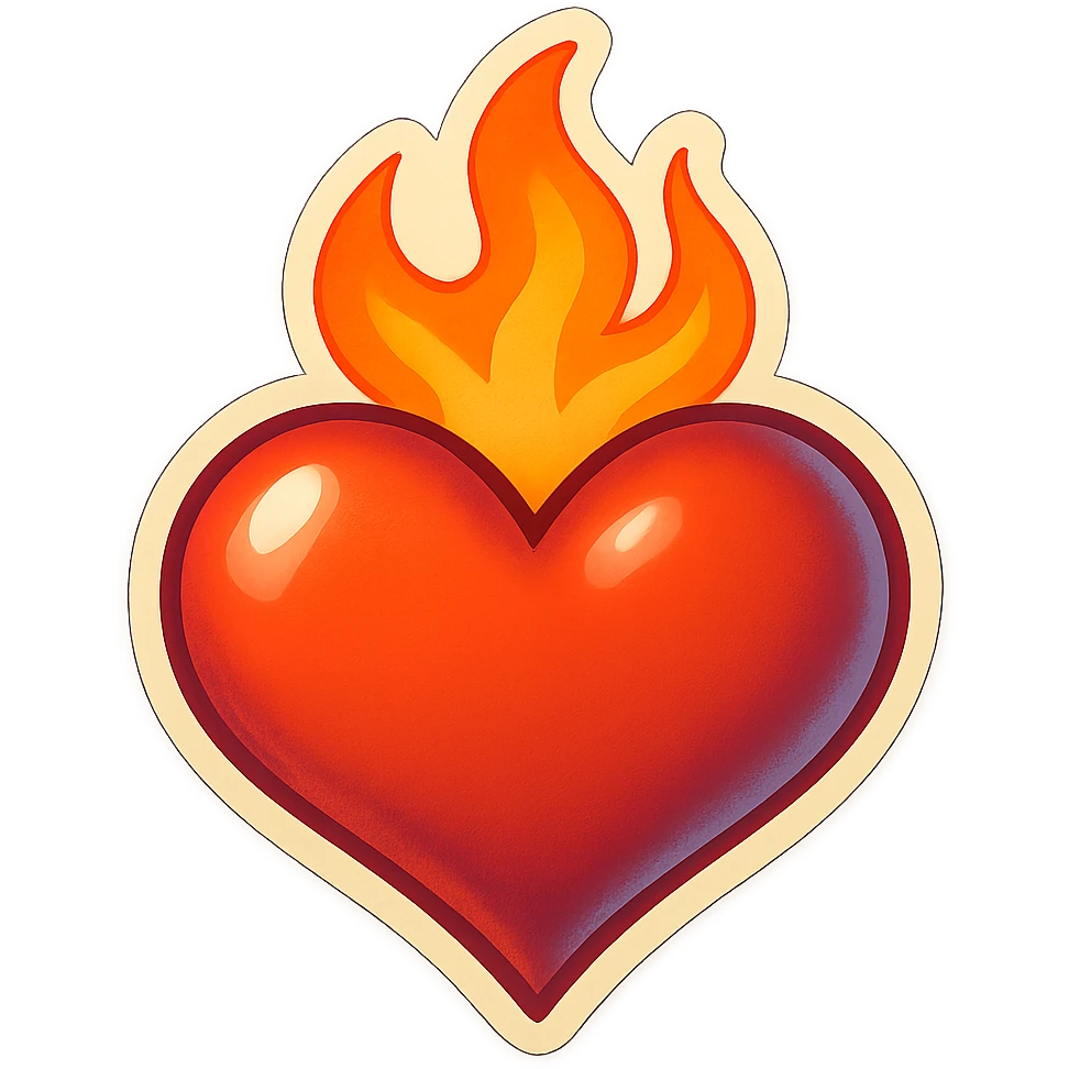 retro sticker style heart with a flame on top, bold and playful emoji