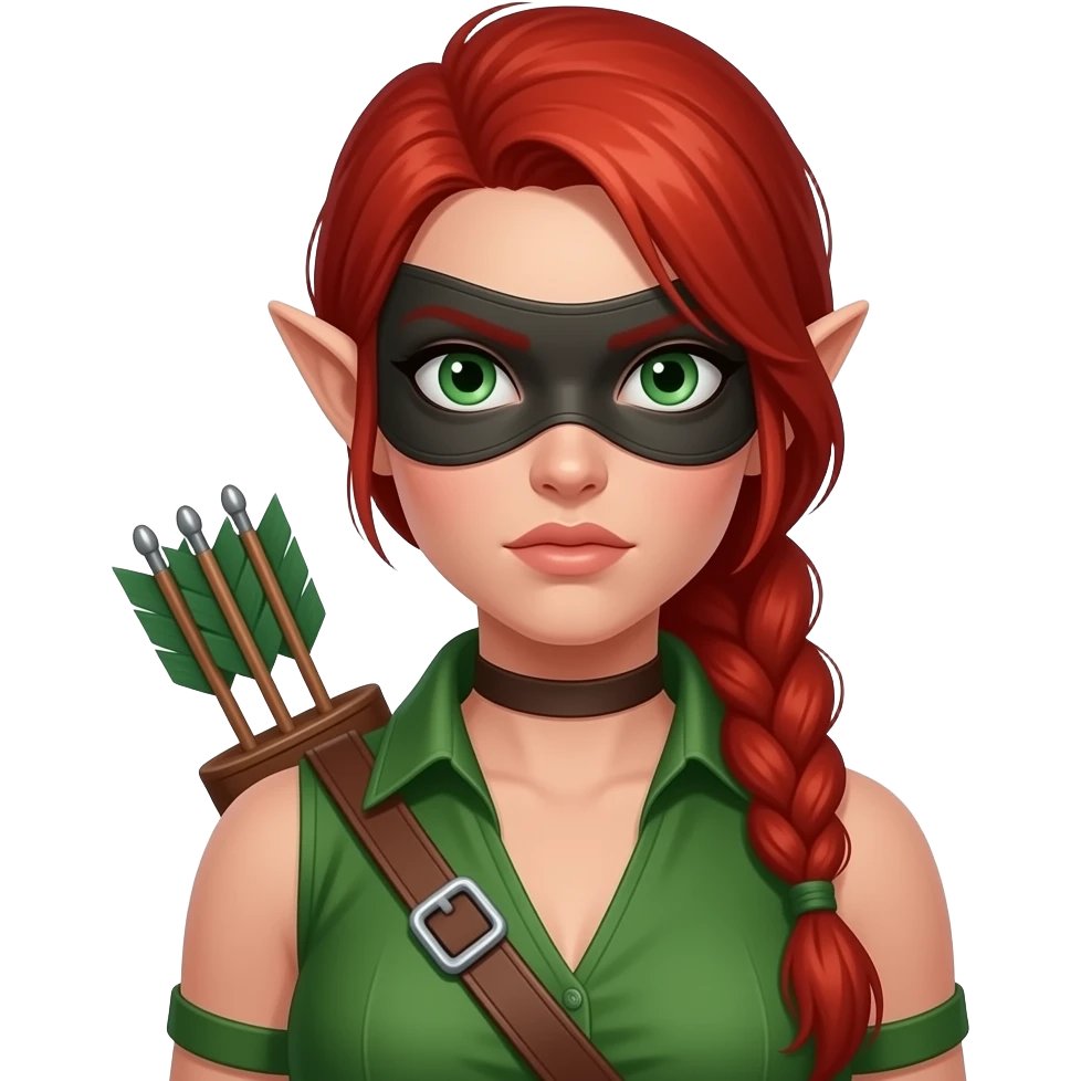 femme rousse aux yeux verts, tresse haute jusque dans le dos, ressemble à une elfe, archère avec un carquois, voleuse avec un masque sombre qui cache ses yeux, tenue verte, air déterminé emoji