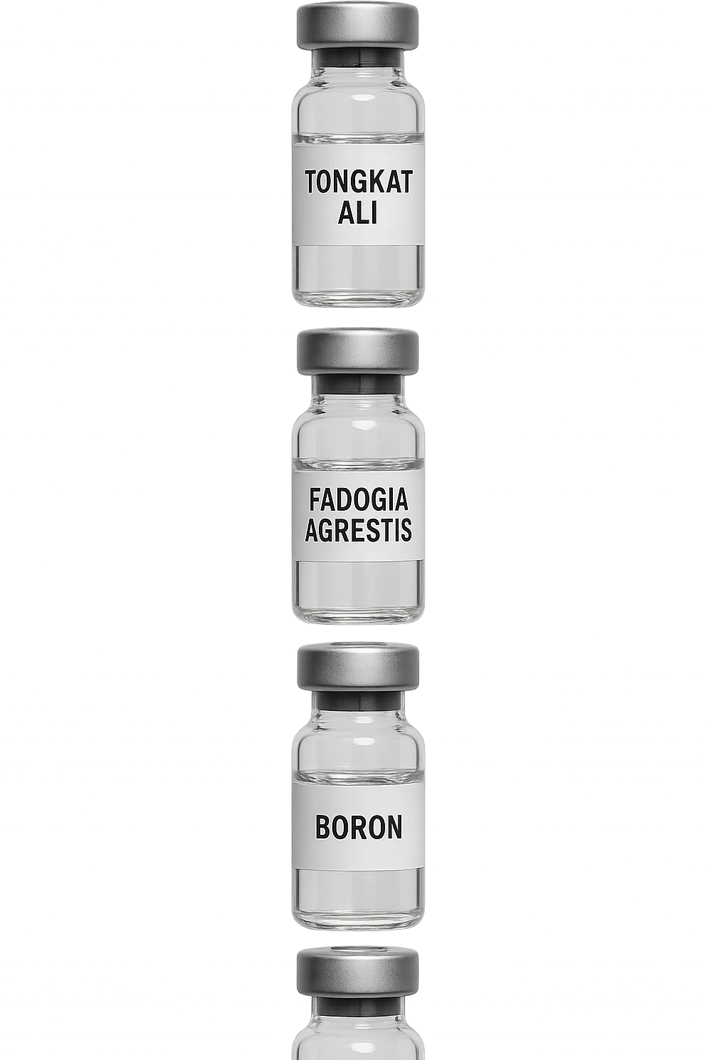 3 fiale mediche: Tongkat Ali, Fadogia Agrestis, PT-141, Boron e Zinco fluttuano in aria verticalmente emoji