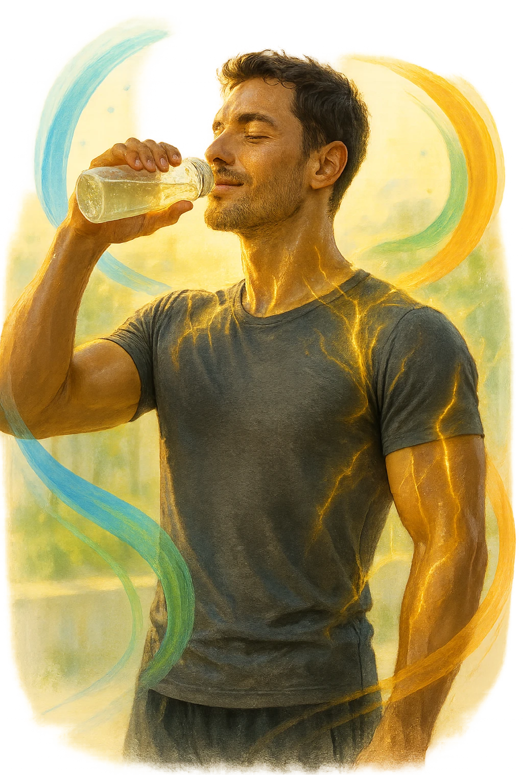Uomo atletico sui 30 anni, al mattino presto, mentre beve una bevanda trasparente ricca di elettroliti da una borraccia. Il suo corpo è illuminato da una luce naturale dorata e mostra una leggera aura energetica attorno ai muscoli, simbolo di rigenerazione e recupero. Espressione rilassata e vitale, pelle idratata e luminosa. Intorno a lui flussi leggeri e colorati (blu, verde, arancio) rappresentano il bilanciamento degli elettroliti: sodio, potassio, magnesio. Ambiente naturale o cucina moderna minimalista. Atmosfera positiva, pulita e rinvigorente. emoji