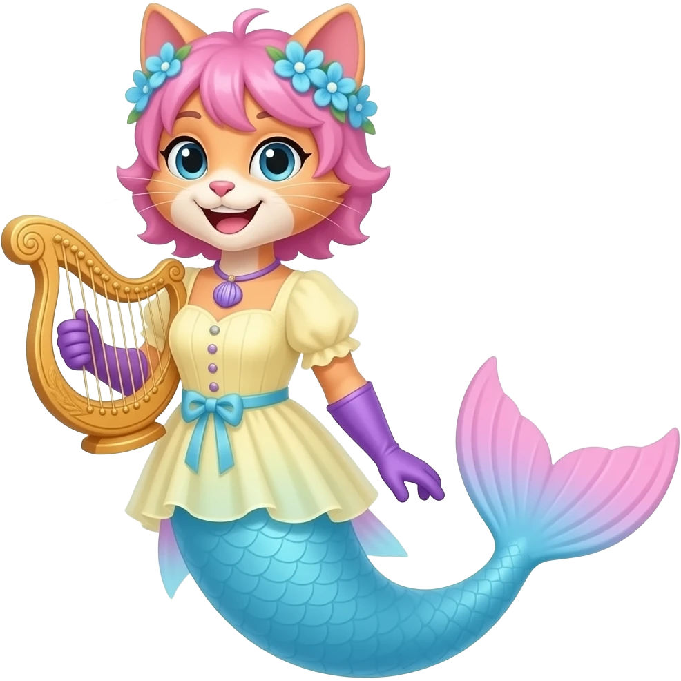 Male anthro cat  happy with pink hair blue flower crown with light purple shell necklace light yellow dress attached to long light blue mermaid tail with pink fins purple gloves holding a golden harp emoji
