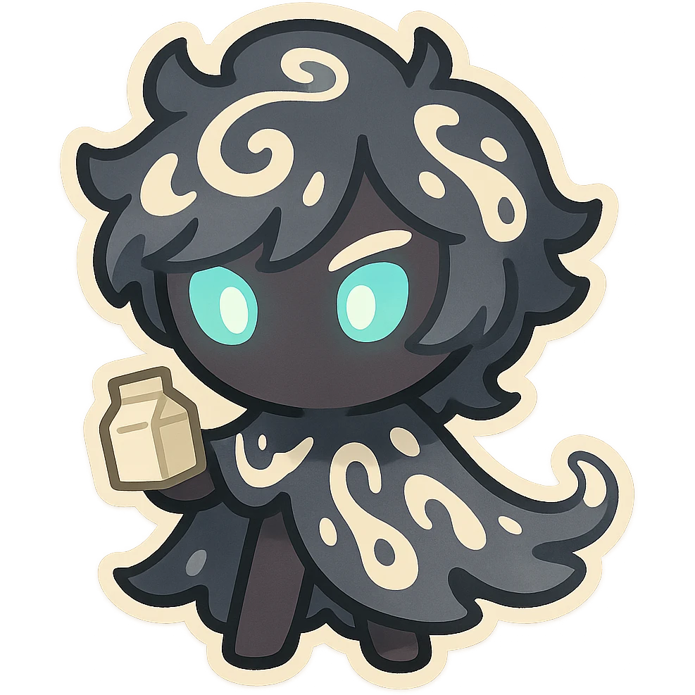 Chibi version of Shadow Milk Cookie, featuring a tiny body, large head, glowing eyes, and whimsical milk patterns emoji